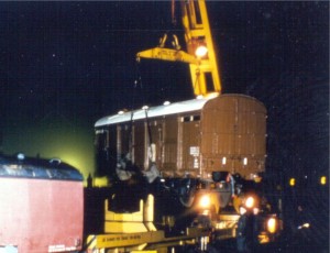 The Covered Carriage Truck being craned into the Sidings Area by a BR crane in 1977