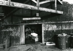 shed at North Shields fish quay with ‘Jim Dishman’ painted above the door, 1970s