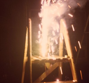 Firework on a stepladder in a garden in South Shields 1966