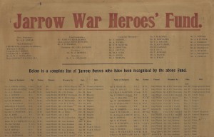 Top of poster showing officials and committee members of the Jarrow War Heroes' Fund (TWAM ref. T27)