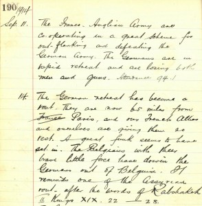School log book entry, 14 September 1914 (TWAM ref. E.WH2/2/3)