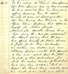 School log book entry, 15 September 1914 (TWAM ref. E.WH2/2/3)