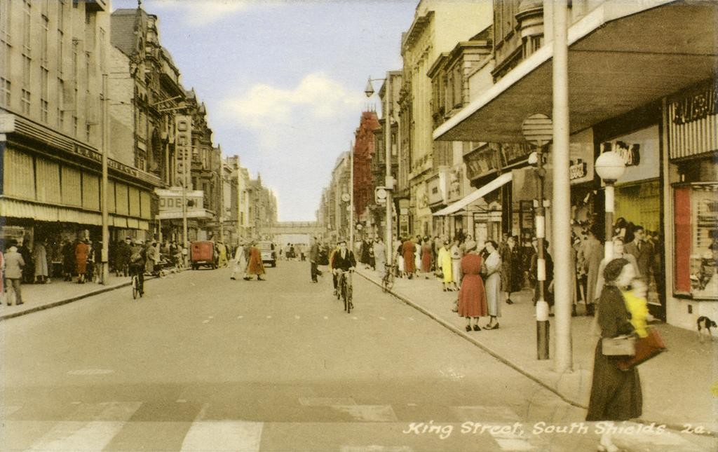 TWCMS : 2009.2375. Postcard from the collections at South Shields Museum and Art Gallery. View of King's Street from the Market/Old Town Hall end. 
