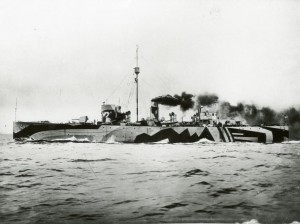 9.Photograph of dazzle painted ‘24’ class sloop HMS Flying Fox on her sea trials. You can see the double bridge arrangement that adds to the confusion, and painted hawse pipe and anchor at the stern are also just about visible. The smoke is a bit of a giveaway, but this is clearly a maximum speed trial and she wouldn’t be making this much smoke when escorting a convoy. (Image courtesy of Ian Rae)