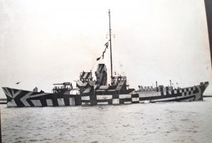 6.Photograph of dazzle painted Z class anti-submarine patrol boat, based on a whale catcher design. Fifteen of these boats were ordered from Smith’s Dock South Bank shipyard on the Tees in March 1915 to combat the U boat threat. All were completed between August and November 1915. The theory was that ships designed to hunt whales would prove successful submarine hunters. Unfortunately although the Z class boats were very manoeuvrable they were not very seaworthy and no more orders were placed. (TWCMS : 1993.9590 – Smith’s Dock Notable War Jobs album) 