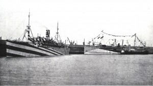 3.Photograph of ss Grantuly Castle (the single funnelled ship to the left), that Wilkinson used in his presentation as a good example of the striped type of dazzle scheme. 