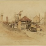 Painting of entrance to Victorian-style industrial buildings