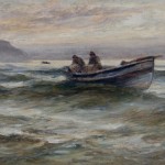 Painting of two men in open rowing boat at sea