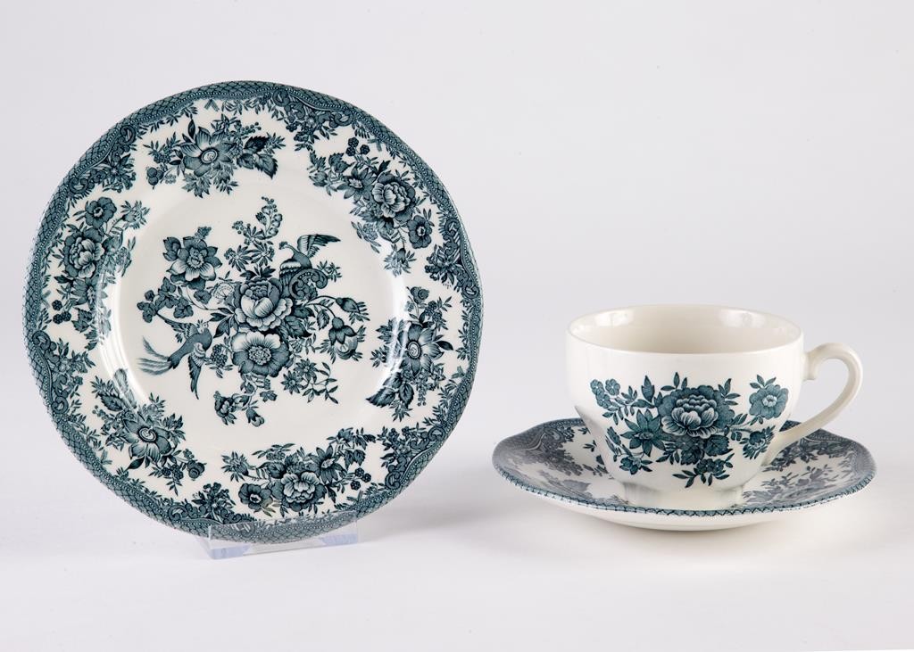 A tea cup, saucer and tea plate in the Cottage Rose pattern, 1950s
