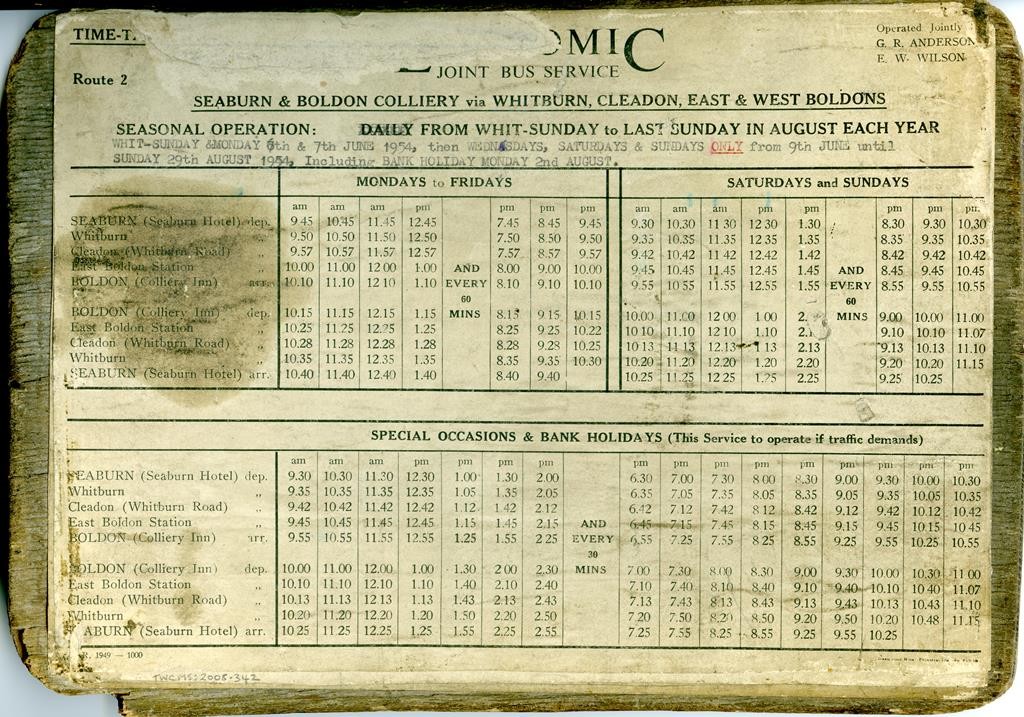 Economic Bus Service timetable, mid 1950s