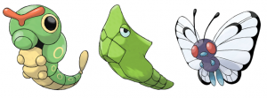 Caterpie, Metapod and Butterfree (three ‘evolutionary’ stages for this particular bug type pocket monster). © the Pokémon Company International, Inc.