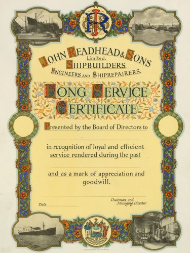 John Readhead & Sons long service certificate, 1938 (TWAM ref. DS.RDD/5/7/5)