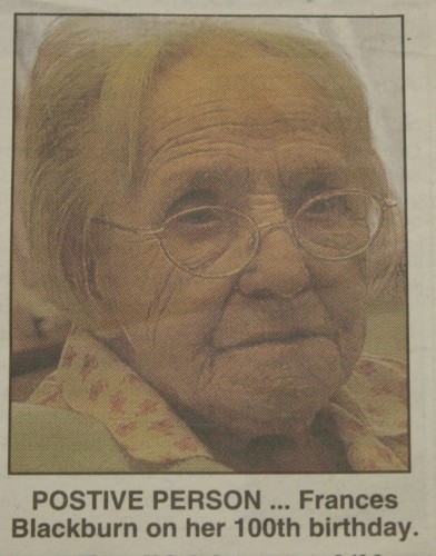 Frances Blackburn on her 100th birthday. Taken from the newspaper clipping sent in with the badge.