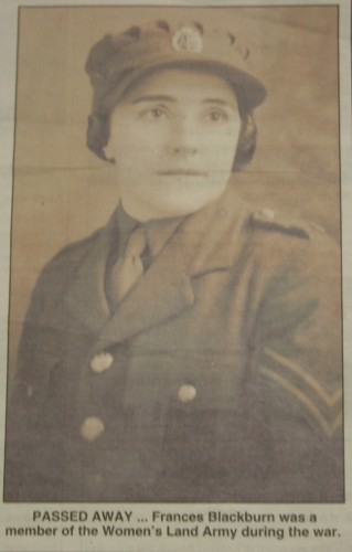 Frances Blackburn, Women's Land Army. Taken from the newspaper clipping sent in with the badge.