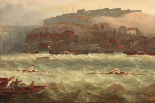 This race took place in September 1864 in very rough conditions. At the first attempt, on September 5th, Chambers’ boat was holed and the race was stopped when his scull began to sink. The race was rowed again the next day and this time Bob Chambers won. TWCMS : G1197 (Shipley Art Gallery) 