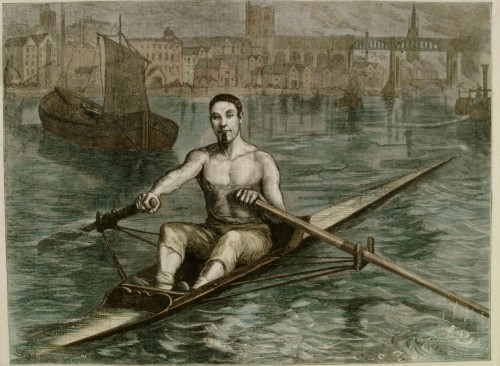 James Renforth shown on the River Tyne in his skiff. This print was probably produced after his death in 1871. David Clasper