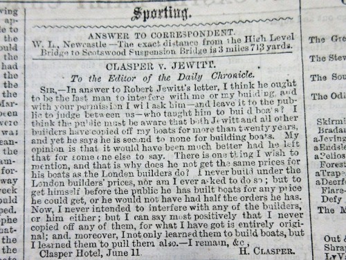 Clasper v Jewitt – Harry Clasper’s first letter to the Newcastle Daily Chronicle (12/06/1866) in response to Robert Jewitt