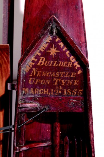Inscription on the model of the Matthew Taylor four, dating it to March 12th 1855 together with his name and Newcastle location. TWCMS : 1999.215