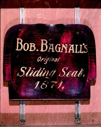 This is the seat that Bagnall used when part of the Winship crew that took the four oared Championship of the Tyne on 22 November 1871. Bagnall was 22 years old, weighed 10 stone 7 lbs and was 5 feet 8 inches tall. TWCMS : E7199. Discovery Museum