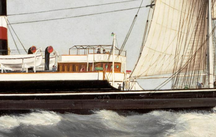 Detail of painting of ss Cogent showing her bridge amidships with the pole compass on the front