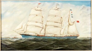 Oil painting of the Sunderland-built barque Lota 1892 under sail. She has a blue hull and there is a coast in the background as she sails on the starboard tack - wind from the right hand side of the ship looking forward.