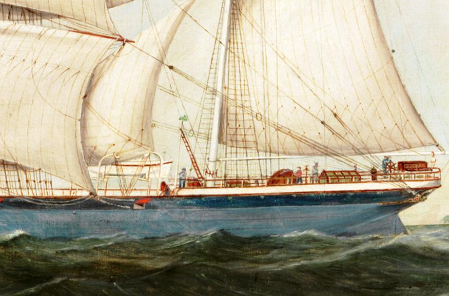 Detail of the painting of the barque Lota 1892 showing the pole compass just forward of the mizzen mast, out of the way of the sails and rigging