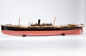 Builders model of the Sunderland-built ship ss Euterpe 1886 painted pink below the waterline, black above with a black funnel and natural wood decks and stump masts.  