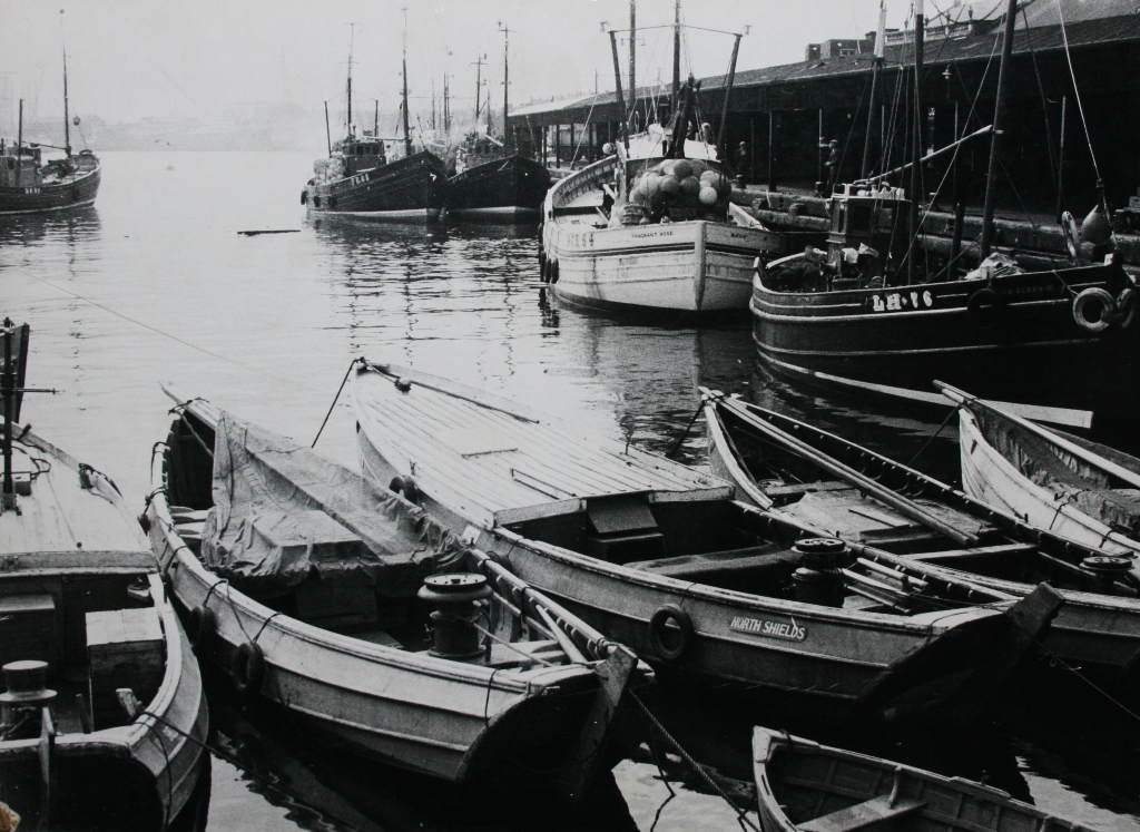 boats moored at North Shields fish quay, 1970s