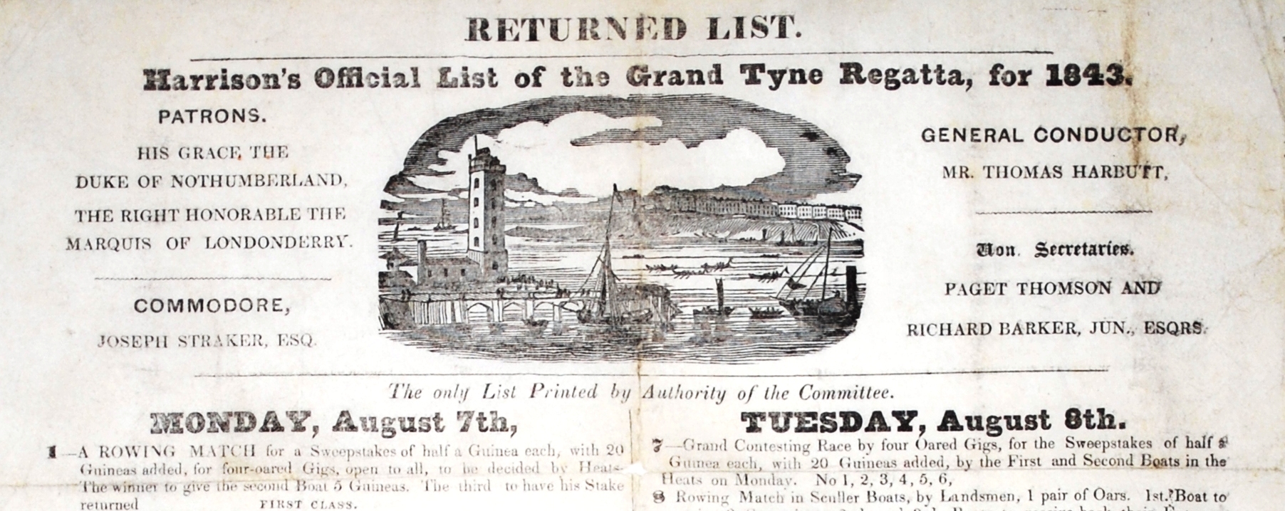 Results sheet for Tyne Regatta 1843