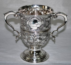 Silver cup engraved with the names of the winning boat, VENUS, and her owner, A F Stafford