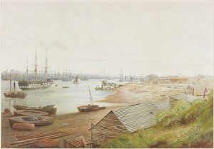 River scene c1880 with Wellesley moored off Coble Dene, North Shields in a watercolour by B B Hemy.