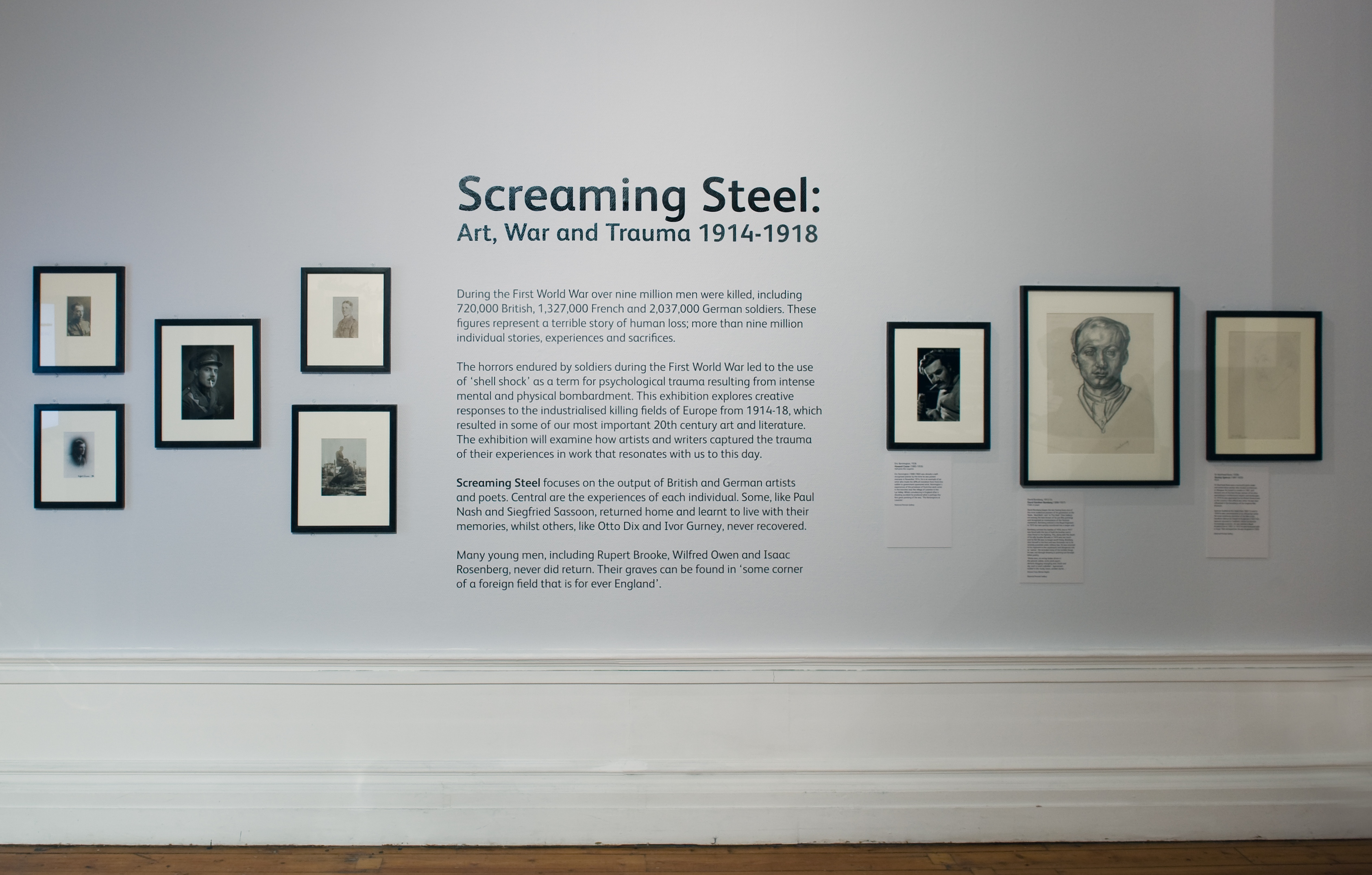 Portraits of various war artists and poets in Screaming Steel: War, Art and Trauma. This exhibition took place at the Hatton from September till December 2014. Photo: Colin Davison.