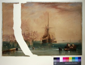 Watercolour painting on paper, attributed to James Wilson Carmichael (1800 – 1868)  Carmichael was born in Newcastle.  He completed his apprenticeship as a ship’s carpenter, but devoted much of his free time to art and was eventually able to make a living as a painter.  He is well known as a marine artist.  Residues of paper and animal glue at the edges of the painting show that it was once attached to a window mount and backing board.   The brown line of discolouration just inside the edge is a result of contact with acidic mount board.  Contact with poor quality materials, and unsuitable environmental conditions have caused the paper to become discoloured and brittle.  It has lost flexibility, resulting in cracking and tearing at the left side.  Dark brown spots in the image are known as ‘fox marks’ and can occur when small, impurities in the paper become degraded.  Conservation Treatment The painting has been treated to reduce discolouration and remove acidity from the paper.  Cracked and torn areas have been repaired at the back using good quality materials that can be easily removed if necessary.  Small areas of loss along the tear have been filled and carefully retouched so that they no longer distract the eye from the image.  For display, the painting has been hinged into a window mount.  The mount is made from high quality, acid free materials and contains an alkaline buffer to protect the painting from future acid attack.  The bevelled window also serves to prevent contact with the glass if the painting is framed.  
