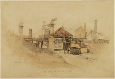 Painting of entrance to Victorian-style industrial buildings