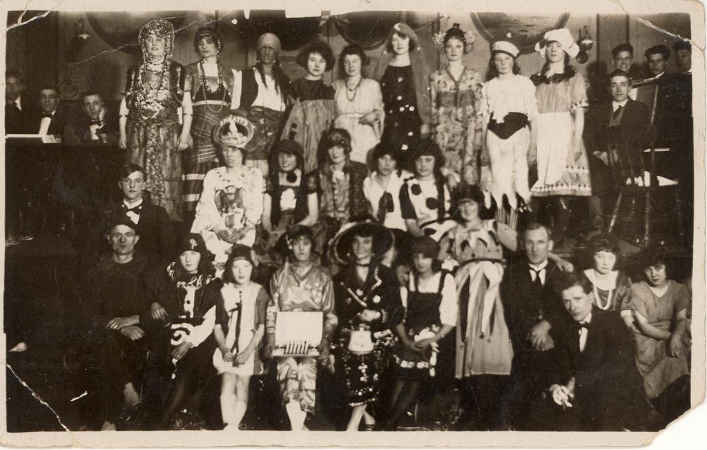 A fancy dress ball at the Miners' Hall, Boldon Colliery, 1921