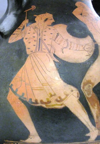 Amazon from the pelike in the Great North Museum wearing distinctive Persian style dress. This includes an elaborately decorated tunic, trousers, a soft Persian hat and a crescent-shaped shield.