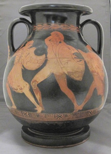 A red-figure pelike (pot for storing liquids) showing an Amazon in combat with a Greek soldier. 