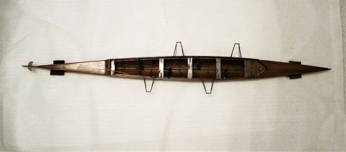 Overhead view of Matthew Taylor model – The bow is at the right of the image and this view shows that the hull shape is rather fuller forward of amidships than it is aft. TWCMS : 1999.215