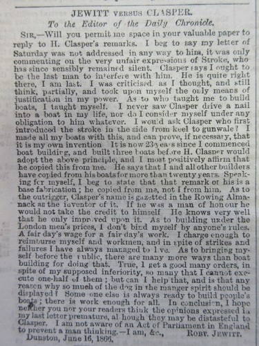 Clasper v Jewitt – Robert Jewitt’s letter to the Newcastle Daily Chronicle (18/06/1866) replying to Harry Clasper’s first letter.