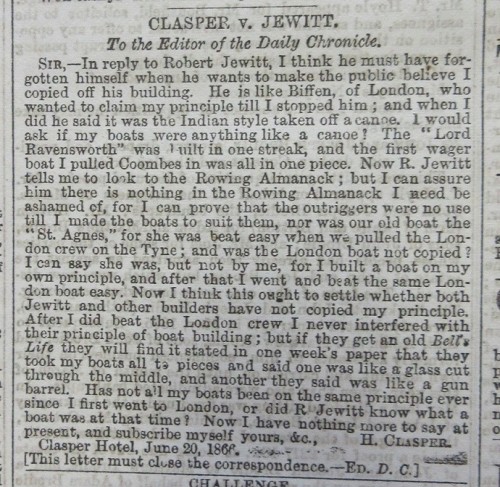 Clasper v Jewitt – Harry Clasper has the last word, Newcastle Daily Chronicle, (22/06/1866) and the Editor closes the correspondence.