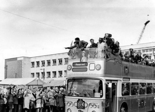Muhammad Ali on an open top bus at South Shields Market Place, 1977